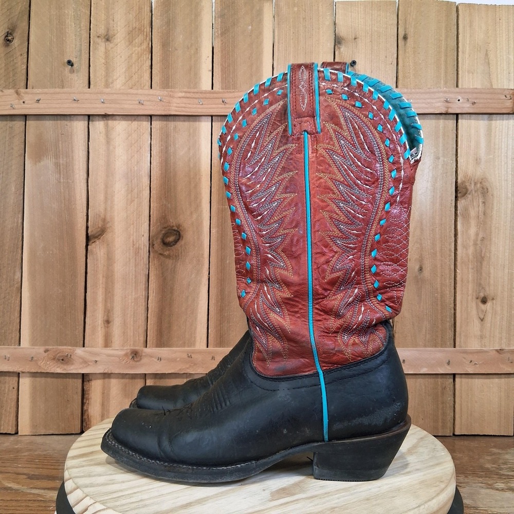 Ariat Western Boots Womens 8 B Brown Leather Square Toe Turquoise Trim 10018915